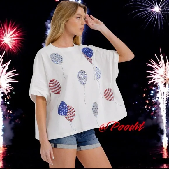 PEACH LOVE CALIFORNIA patriotic sequin balloons oversized tee S M L - Picture 3 of 9